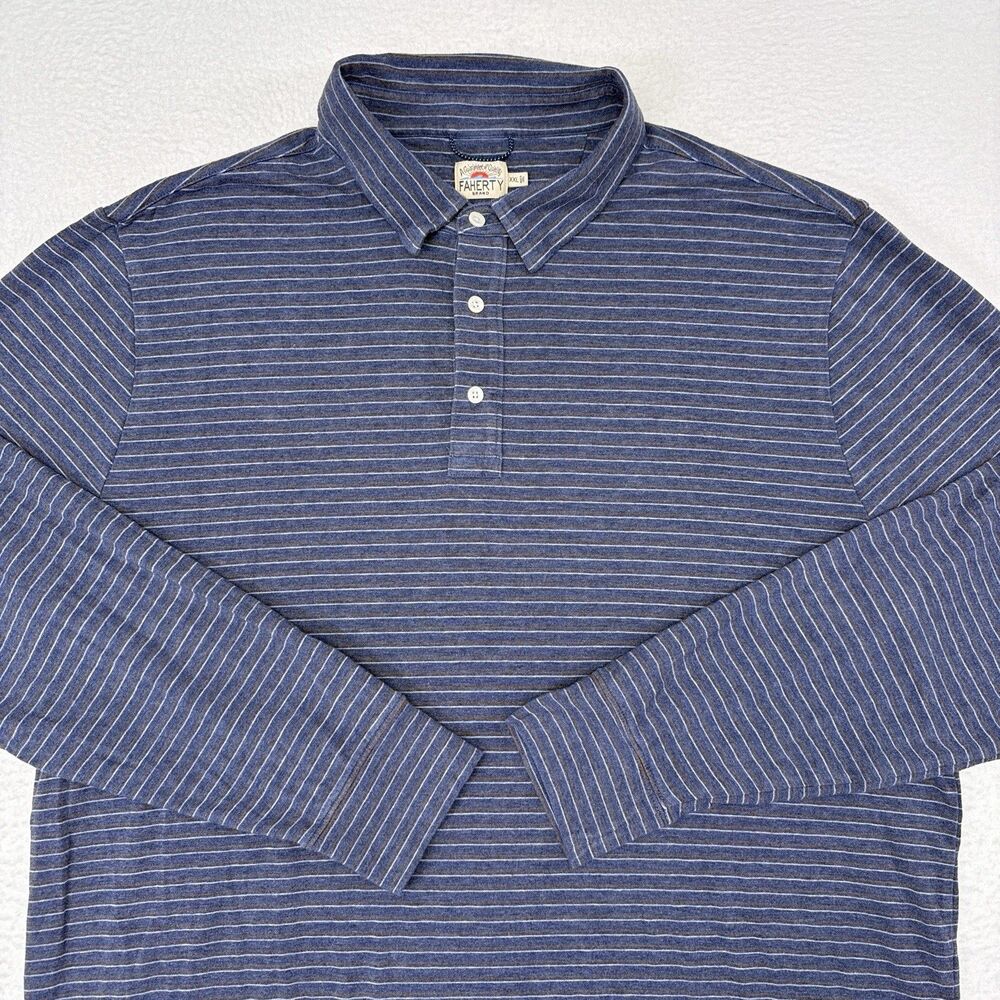 Faherty Long Sleeve Polo Shirt Size XXL Blue Striped Movement Pima Cotton Casual